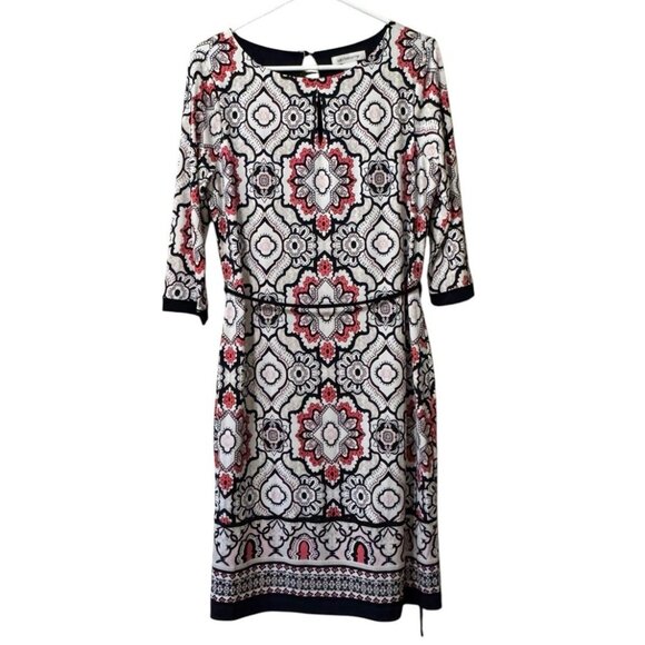 Liz Claiborne Dress Women Size Medium Stretch 3/4 Sleeve Colorful Tie Waist Line - Picture 1 of 12